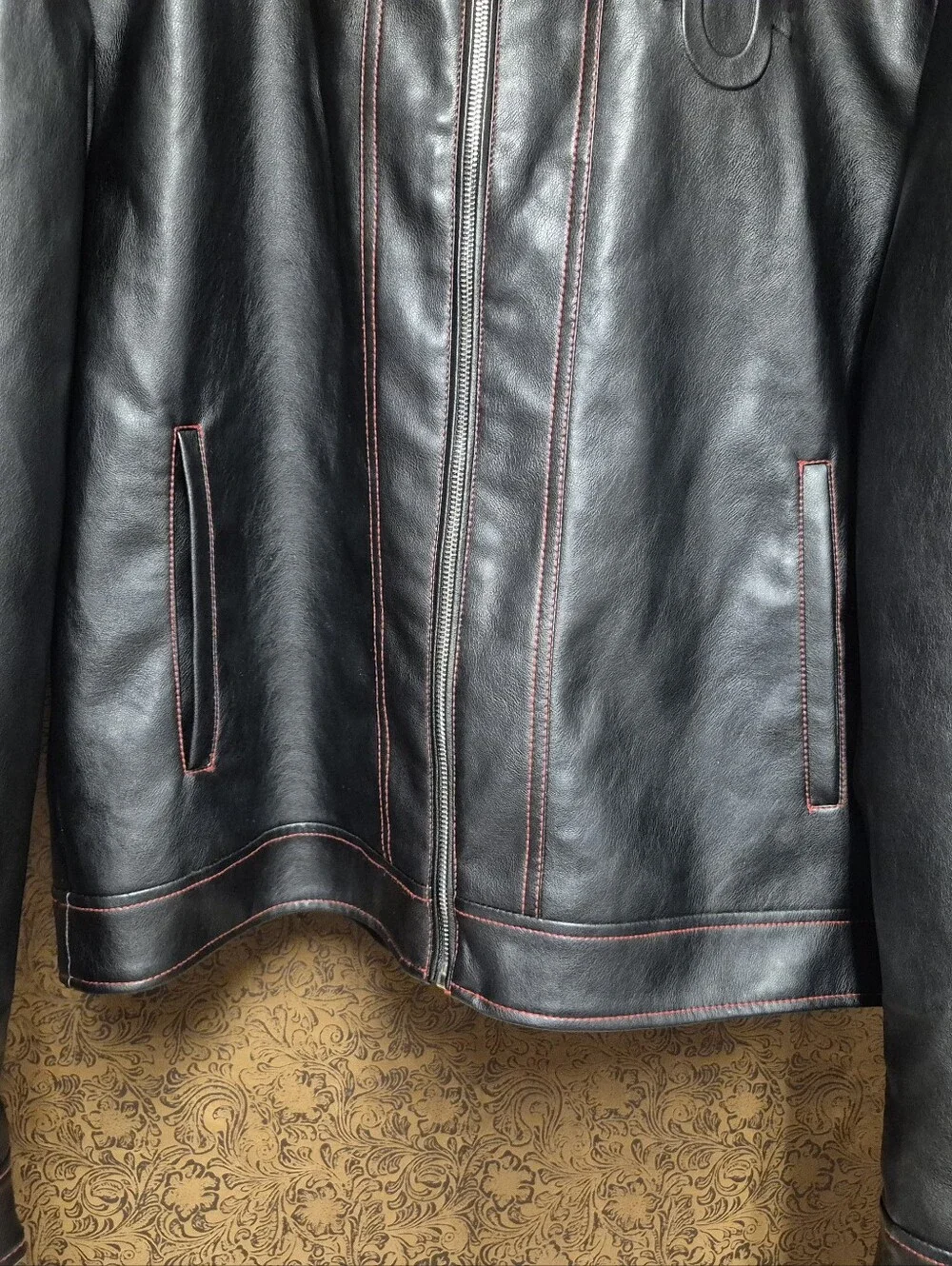 True Religion Black Leather Bomber Jacket with Red Stitching